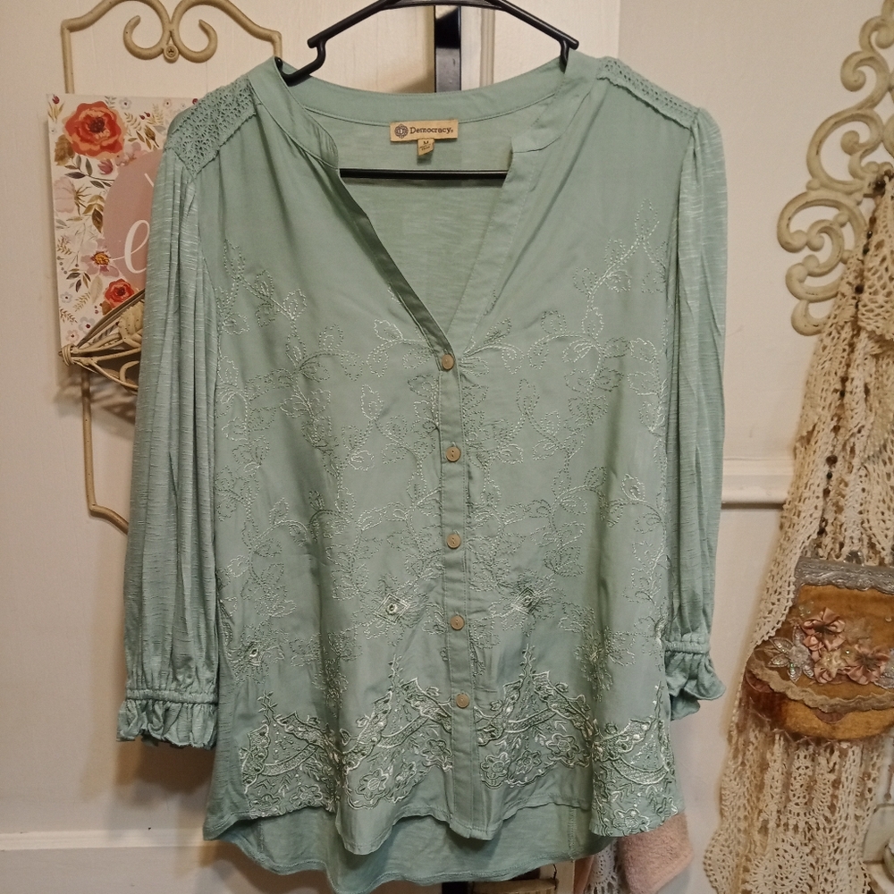 Democracy Embroidered Button Front Top